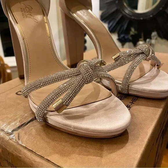 Jewel Badgley Mischka Champagne Lexie Knotted Platform Block Heel Size 9.5 - Picture 2 of 10